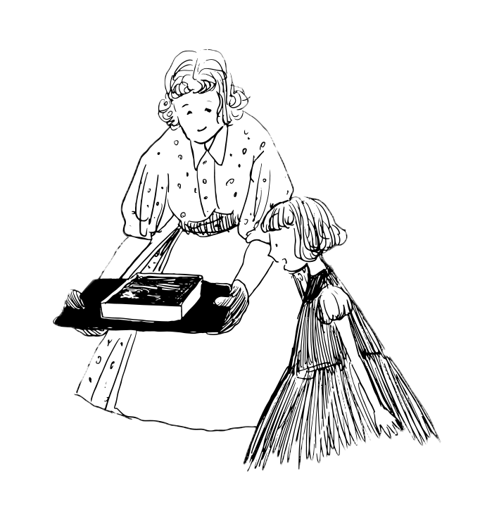 drawing of someone showing a tray of cooked brownies